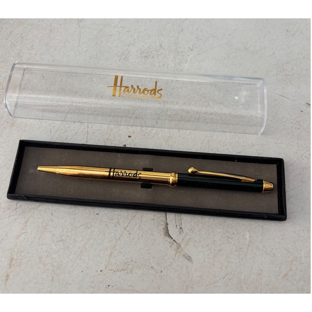 Harrods Knightsbridge Ballpoint Pen Gold Black Two Tone Logo with Gift Case